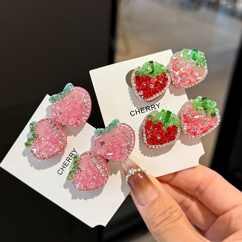 韩国新款可爱儿童水钻草莓水蜜桃发夹卡通鸭嘴夹甜美侧边发卡头饰,淘宝优惠券,粉丝福利购,淘宝优惠卷
