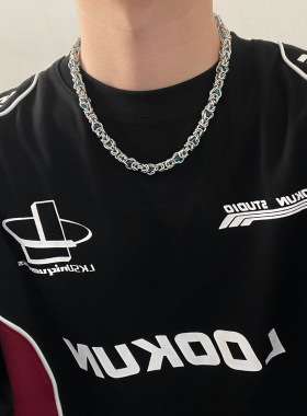 美式潮牌蓝宝石镶嵌钛钢项链