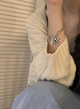 棋盘格爱心吊坠项链女轻奢小众设计潮酷ins风气质百搭锁骨链配饰