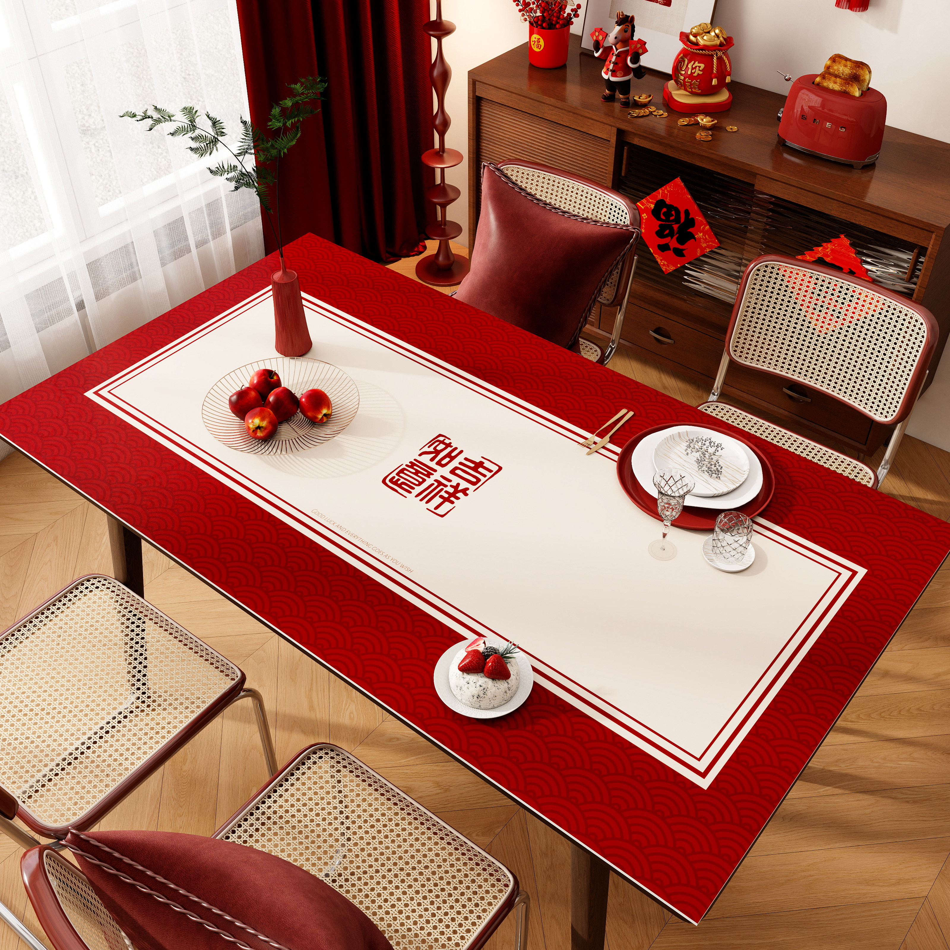 双面新年皮革餐桌垫防水防油免洗防烫高级感红色桌布茶几保护垫子,淘宝优惠券,粉丝福利购,淘宝优惠卷