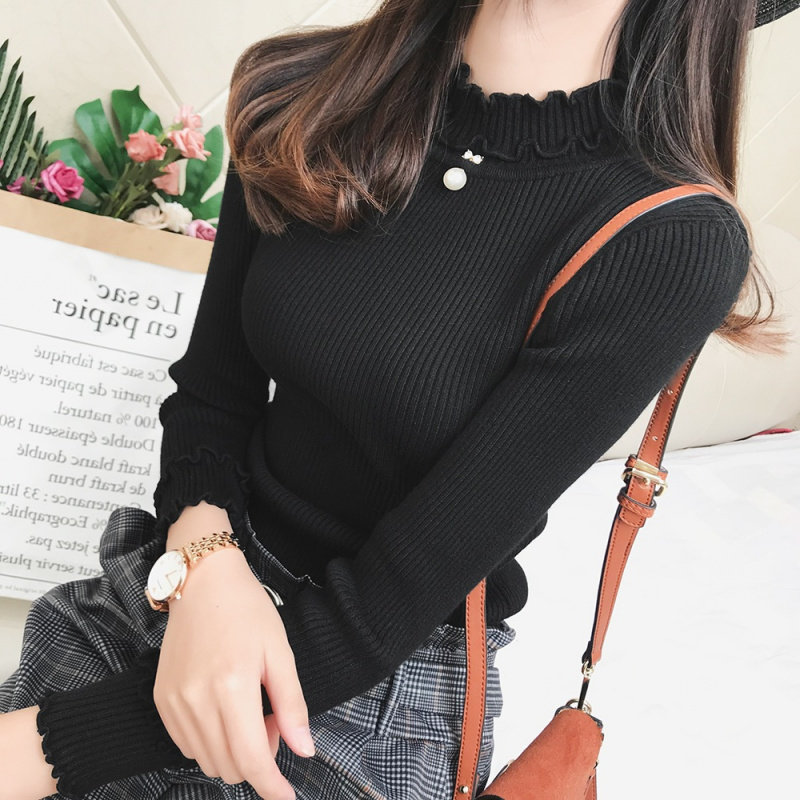 秋冬新款半高领木耳边修身针织毛衣女短款韩版甜美中领打底衫上衣,淘宝优惠券,粉丝福利购,淘宝优惠卷