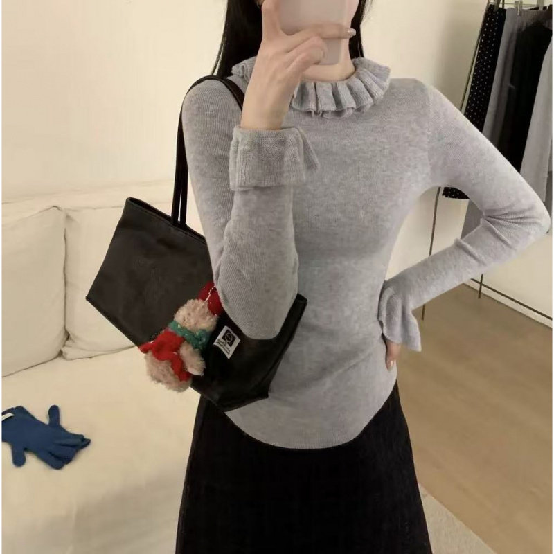 别致荷叶领毛衣女内搭冬季独特设计感上衣喇叭袖针织打底衫女长袖,淘宝优惠券,粉丝福利购,淘宝优惠卷