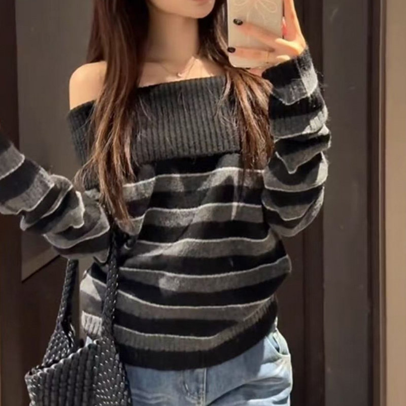 2025秋冬季新款韩系气质条纹毛衣女一字肩设计感纯欲风针织衫上衣,淘宝优惠券,粉丝福利购,淘宝优惠卷