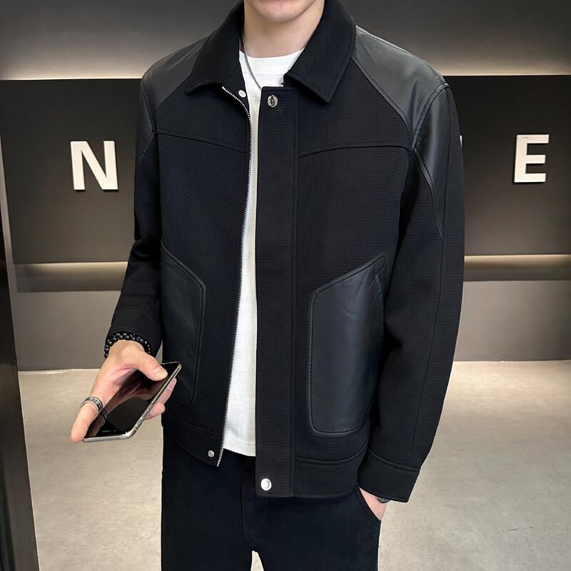 外套男春秋季2025新款痞帅潮牌高级感男装针织PU皮拼接夹克上衣服 - 图2