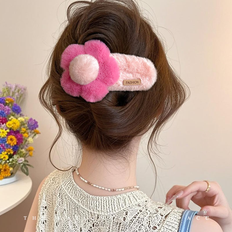 甜美可爱毛绒花朵发夹女后脑勺盘发抓夹大号鸭嘴夹子头饰秋冬发卡,淘宝优惠券,粉丝福利购,淘宝优惠卷