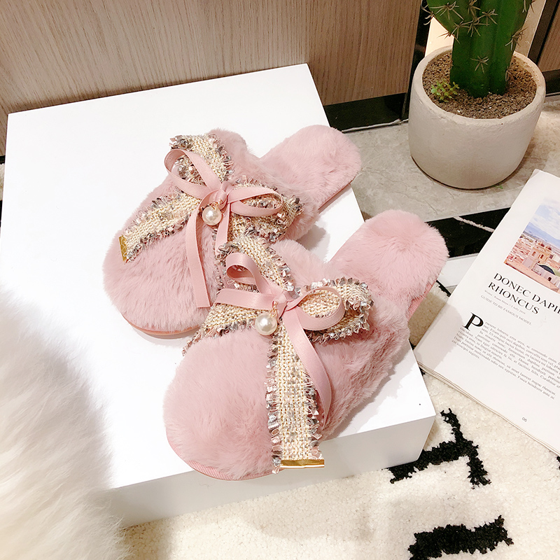 秋冬新款气质小香蝴蝶结棉拖鞋女士居家软底防滑外穿保暖毛毛拖鞋 - 图2