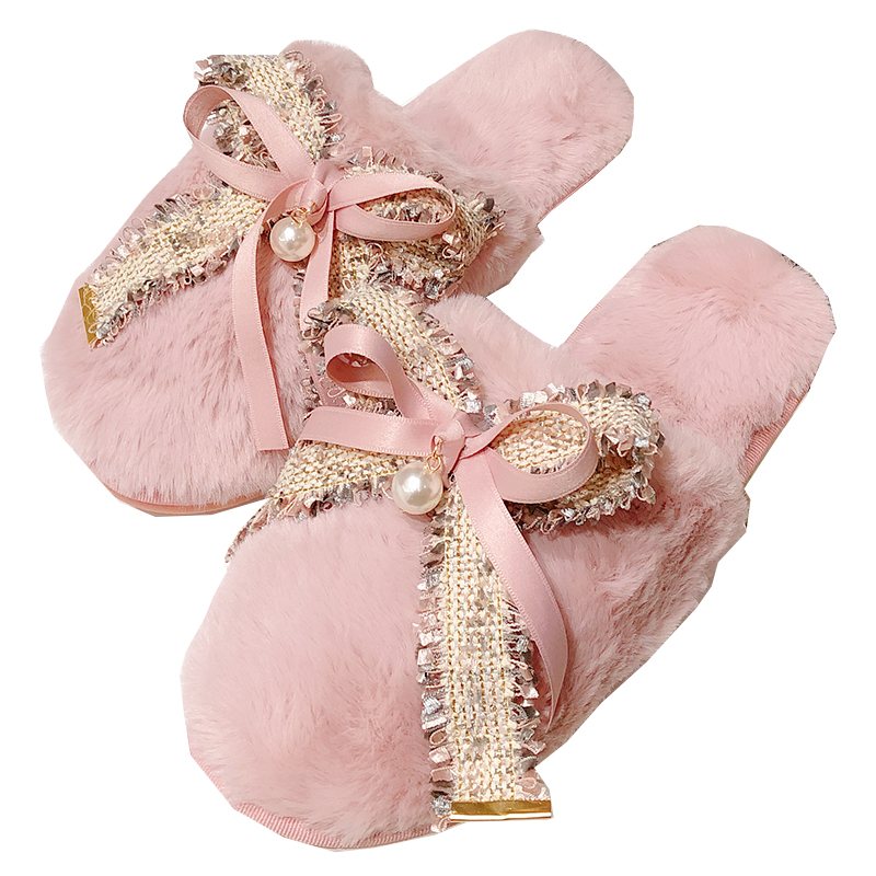 秋冬新款气质小香蝴蝶结棉拖鞋女士居家软底防滑外穿保暖毛毛拖鞋 - 图3