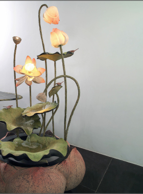 落地流水摆件中式荷花灯装饰喷泉