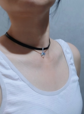 小众超闪施华洛七彩水晶中式女短款项链女黑色黑绳短链，颈链漫展