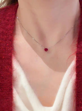 慕琦S925纯银项链女轻奢小众设计感锁骨链新款爱心红刚玉颈链配饰