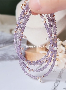 推荐珠宝小紫嗲哭！天然梦幻紫水晶珍珠细手链脚链女创意闺蜜