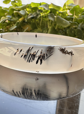 花语玉髓 天然海洋玉髓马料高冰水墨黑发丝玛瑙手镯59圈口