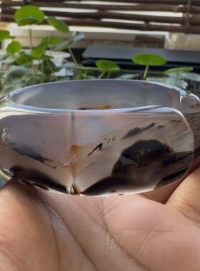 花语玉髓 天然巴西老料水墨黑花满圈景观玛瑙手镯开口猫爪56.5mm