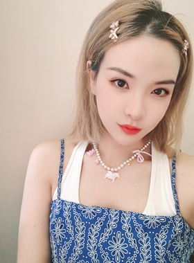 yokikoshop粉色甜美小众串珠小熊蝴蝶结多元素仙女风项链短款颈链