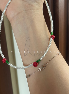 韩国东大门nyunyu玫瑰花早春ins短款颈链手工百搭彩色米珠项链
