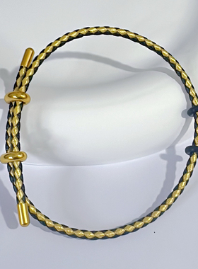 有福调节款设计手链女生高端金扣百搭钢丝绳手绳黑金细皮绳情侣