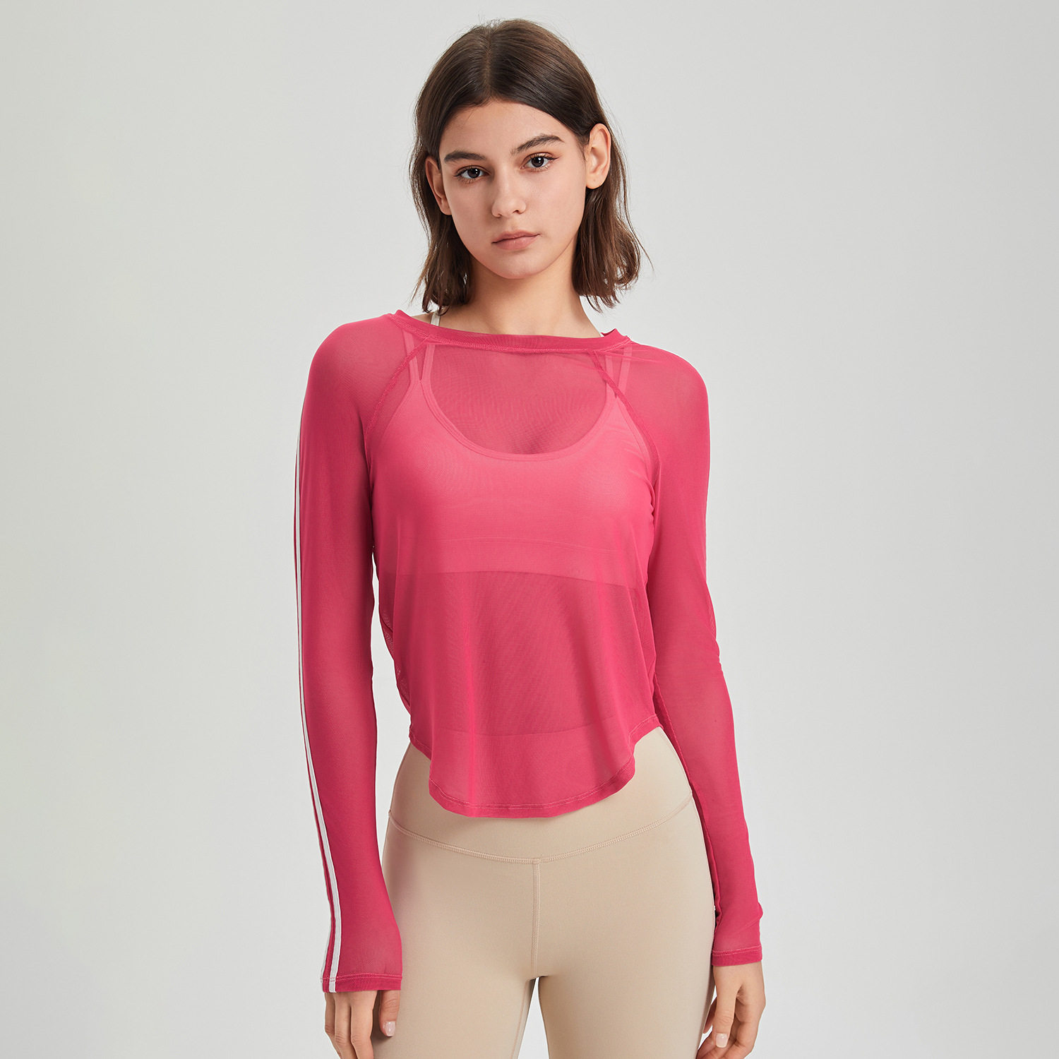 2025欧美运动T恤女拼色网纱速干长袖修身透气跑步健身上衣瑜伽服,淘宝优惠券,粉丝福利购,淘宝优惠卷