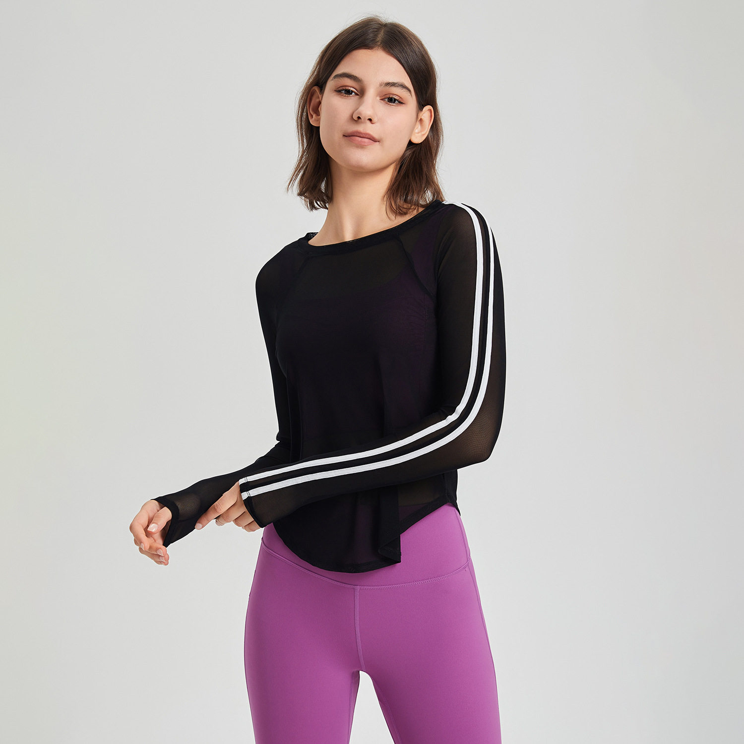 2025欧美运动T恤女拼色网纱速干长袖修身透气跑步健身上衣瑜伽服,淘宝优惠券,粉丝福利购,淘宝优惠卷