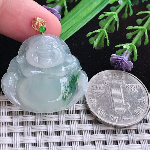 实拍A货翡翠29.2/31.8/6老坑18k金镶嵌冰飘花佛公吊坠翡翠玉坠 - 图3