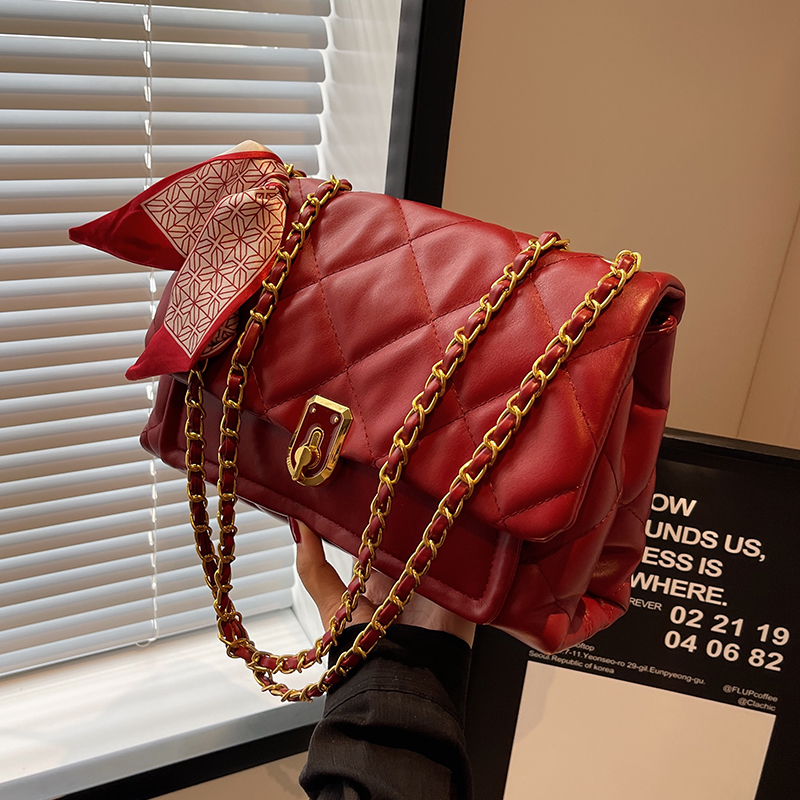 红色包包女士2024新款潮高级感菱格链条包秋季时尚质感单肩斜挎包 - 图2