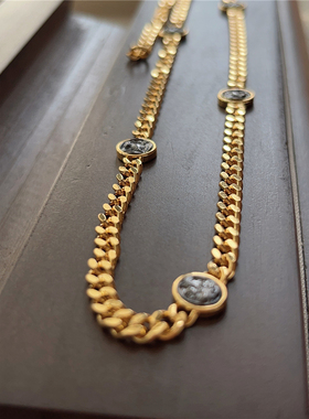 法式复古仿古币雅典娜黑色人像浮雕轻奢金色古巴链条气质项链女潮