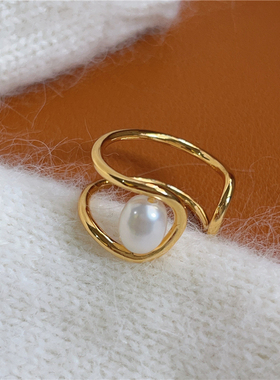 法式精工气质双层金属天然珍珠指环女小众高级感时尚百搭黄铜戒指