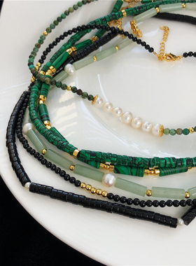 LONGBAOACC定制！复古玉石竹节造型小众设计感项链天然珍珠锁骨链