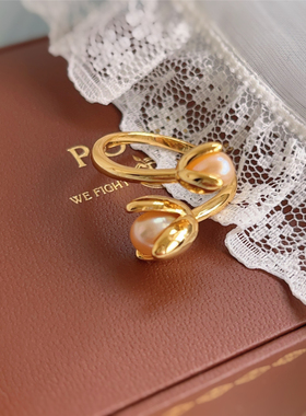法式气质简约淡水珍珠戒指女小众设计感高级百搭食指戒开口指环潮