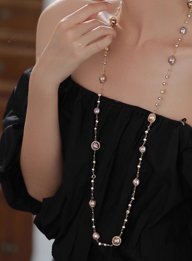 天然巴洛克珍珠项链女紫色链条长款毛衣链高级感多层叠戴轻奢颈链