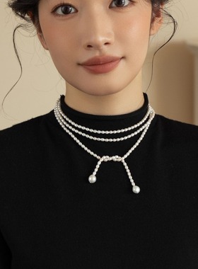 天然淡水珍珠项链女多层叠戴设计感小众白色珍珠颈链气质系带优雅