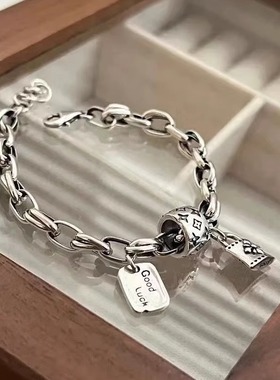 银手链纯银手链女韩版冷淡风个性复古泰银做旧老花锁头情侣送礼