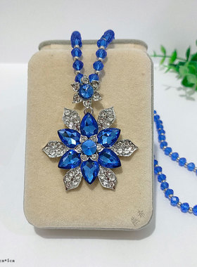 满钻蓝花水晶金属吊坠项链