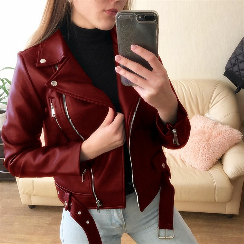 Faux Leather Jacket Women PU Motorcycle Coats 5XL皮衣女夹克-图0