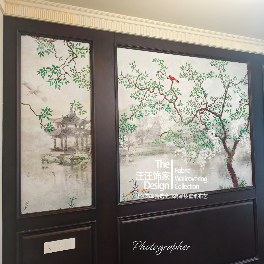 D法式复古中国风花鸟亭子小桥卧室背景墙壁布无缝墙布定制壁画,淘宝优惠券,粉丝福利购,淘宝优惠卷