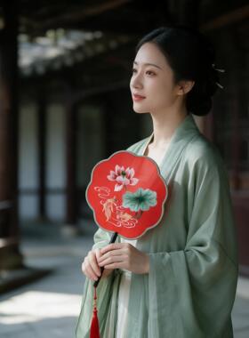 新款莲花锦鲤八瓣红色团扇
