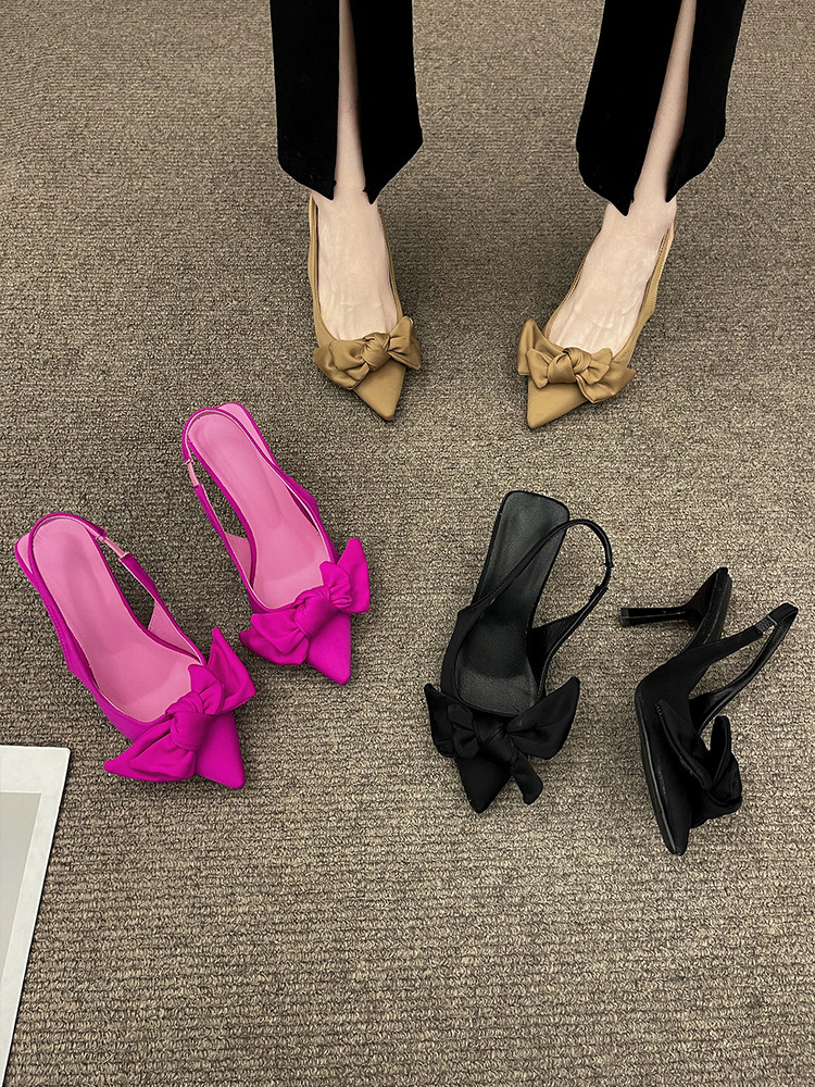 名媛时装凉鞋女2025年春夏季新款细跟黑色蝴蝶结尖头纯色超高跟鞋,淘宝优惠券,粉丝福利购,淘宝优惠卷