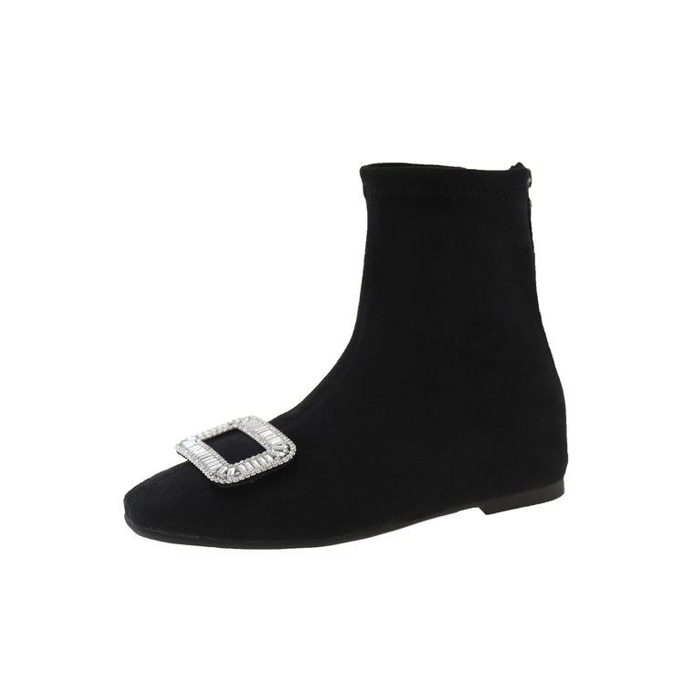 法式小短靴女2025秋冬新款方扣水钻弹力靴低粗跟方头加绒面瘦瘦靴,淘宝优惠券,粉丝福利购,淘宝优惠卷