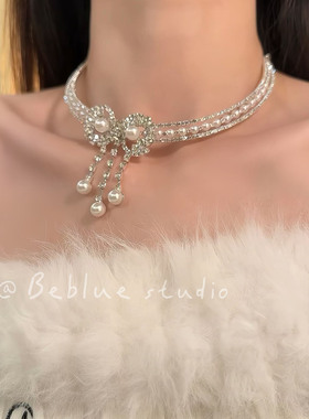 雪国千金~爆闪锆石蝴蝶结珍珠choker项链女甜美优雅气质颈链配饰