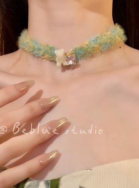 春意盎然~彩色毛绒choker甜美可爱小熊项链女小众设计颈链毛衣链