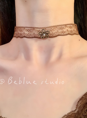 棕织秋暖~复古秋冬气质咖色蕾丝choker项链颈带配饰高级感颈链