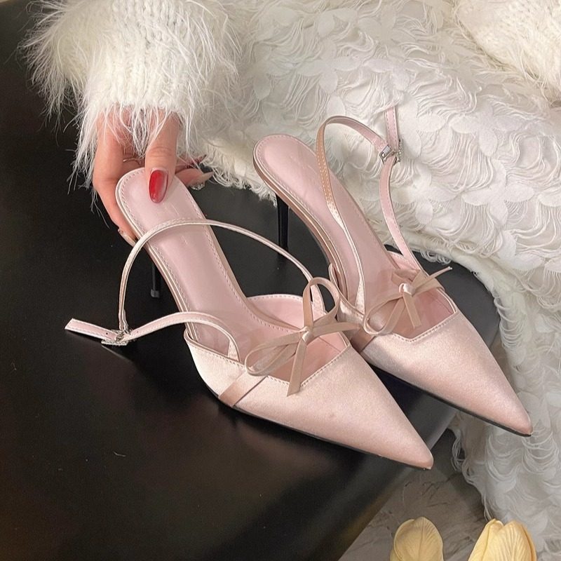 美猫汇新中式清冷温柔后绊带尖头蝴蝶结包头凉鞋真皮底细跟高跟鞋,淘宝优惠券,粉丝福利购,淘宝优惠卷