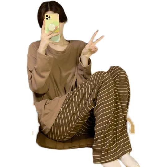 韩版睡衣女带胸垫春秋季可爱学生长袖长裤休闲免穿内衣家居服套装