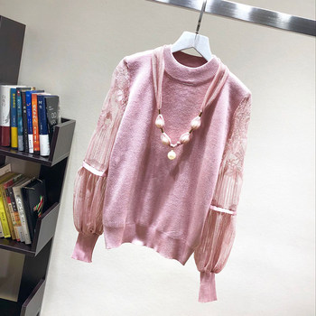 ເສື້ອຢືດສາຍແຂນ Retro lace splicing lantern sleeve sweater autumn and winter new round neck solid color sweater women's base layer top