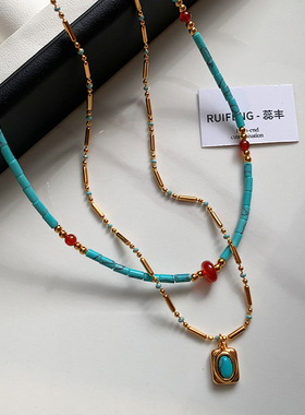天然红玛瑙绿松色石串珠毛衣项链配饰女秋冬叠戴高级感锁骨链颈链