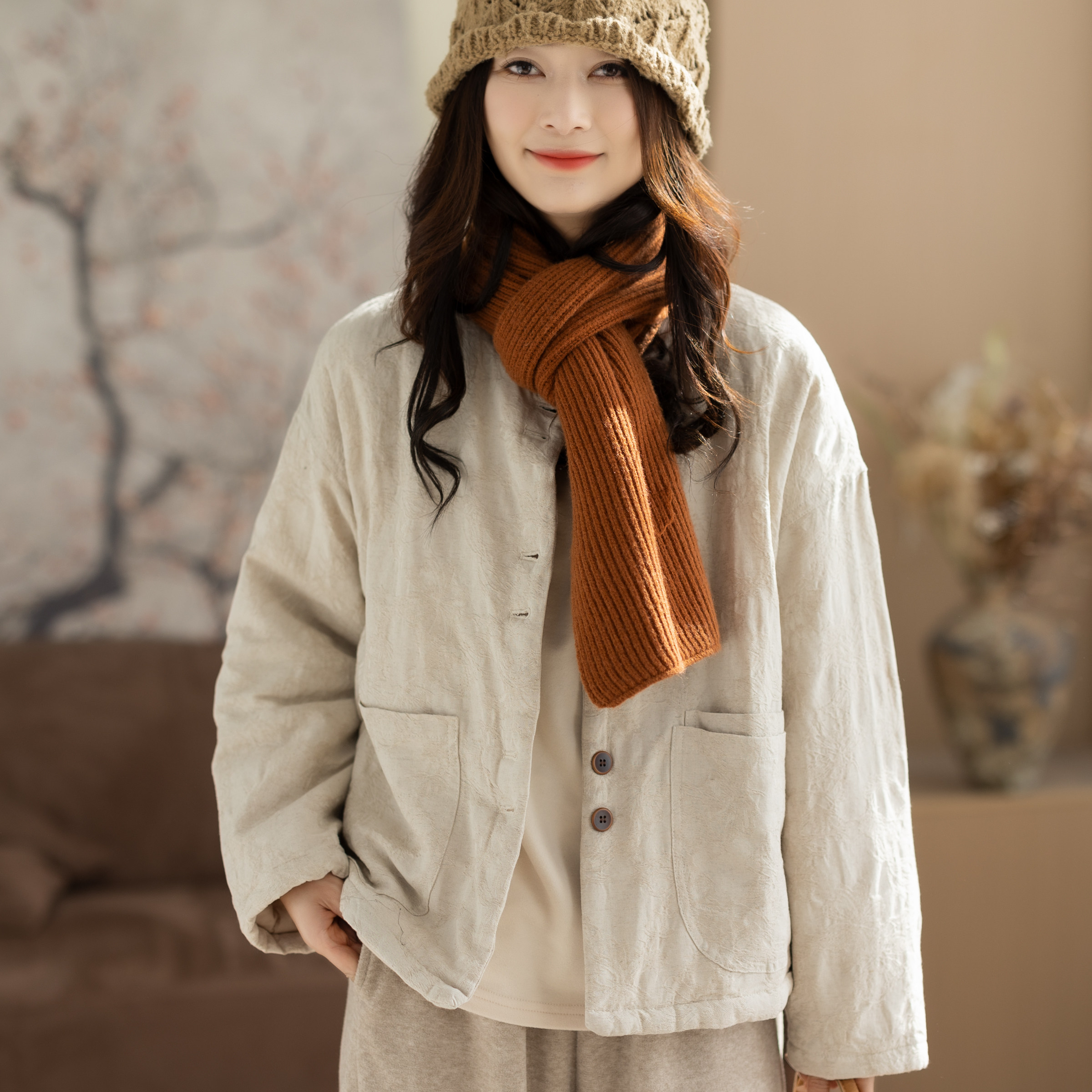 咖咪羽亚麻棉服女秋冬新款文艺休闲纯色宽松流行百搭复古女装外套,淘宝优惠券,粉丝福利购,淘宝优惠卷