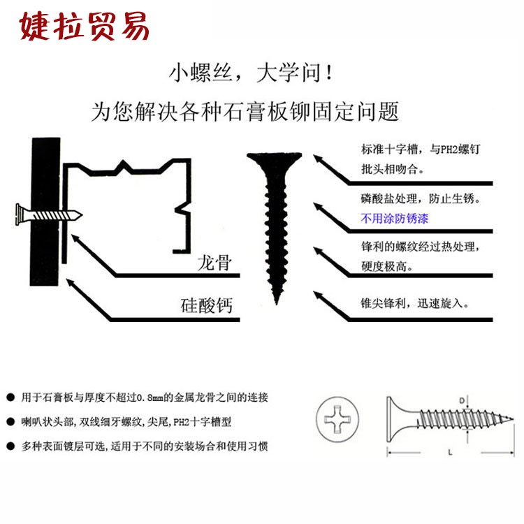 特硬木工轻钢龙骨自攻螺丝干壁钉开关面板沉头十字螺丝 M3.5M4M5-图2