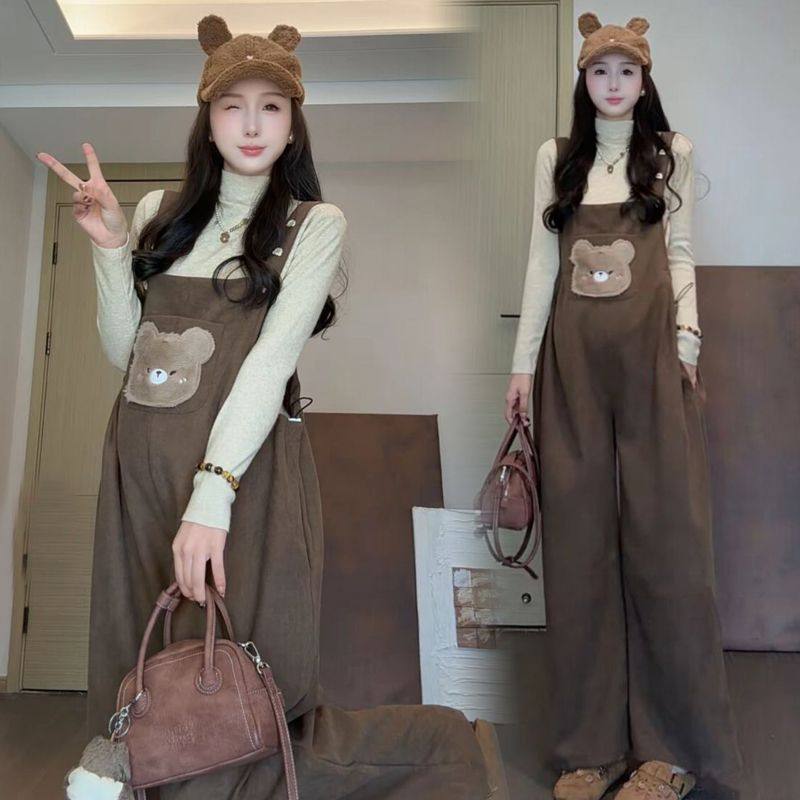 孕妇背带裤加绒套装2025秋冬新款卡通小熊吊带长裤针织毛衣两件套,淘宝优惠券,粉丝福利购,淘宝优惠卷