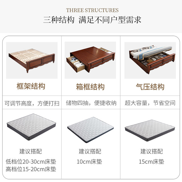 American retro solid wood bed 1.8 master bedroom double bed walnut European carved bed storage high box leather large bed