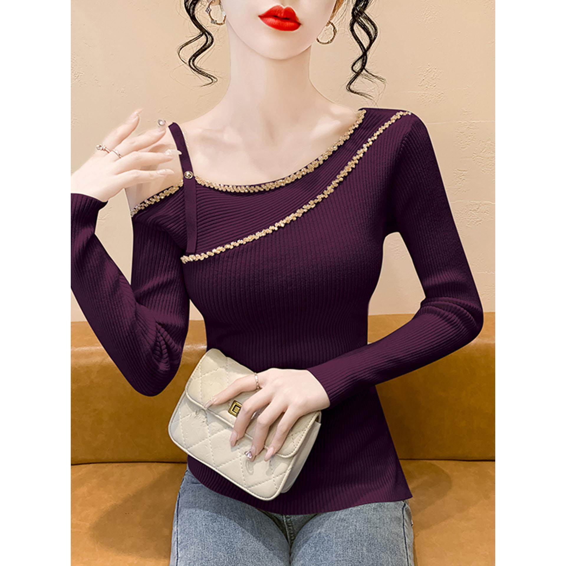 不规则开叉斜领露肩针织打底衫女秋冬2025新款修身内搭上衣可外穿,淘宝优惠券,粉丝福利购,淘宝优惠卷