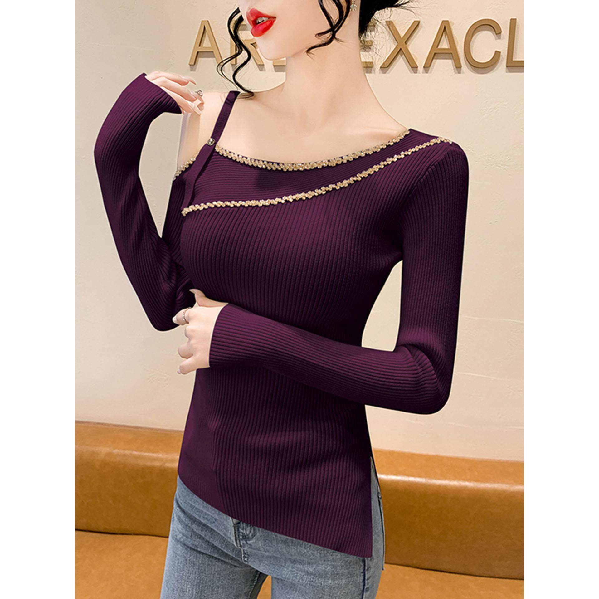 不规则开叉斜领露肩针织打底衫女秋冬2025新款修身内搭上衣可外穿,淘宝优惠券,粉丝福利购,淘宝优惠卷